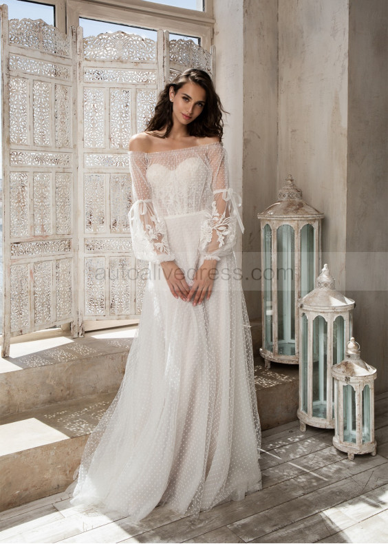 Off Shoulder Ivory Lace Dots Tulle Sweet Wedding Dress Off Shoulder Ivory Lace Dots Tulle Sweet Wedding Dress